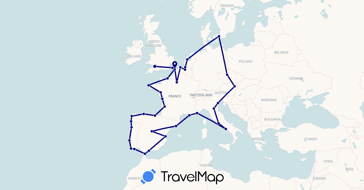 TravelMap itinerary: driving in Austria, Belgium, Czech Republic, Denmark, Spain, France, United Kingdom, Gibraltar, Italy, Netherlands, Portugal (Europe)